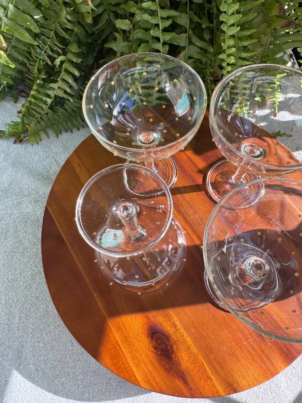 Set of 4 Pottery Barn Champagne Coupe Glasses with Gold Polka Dot
